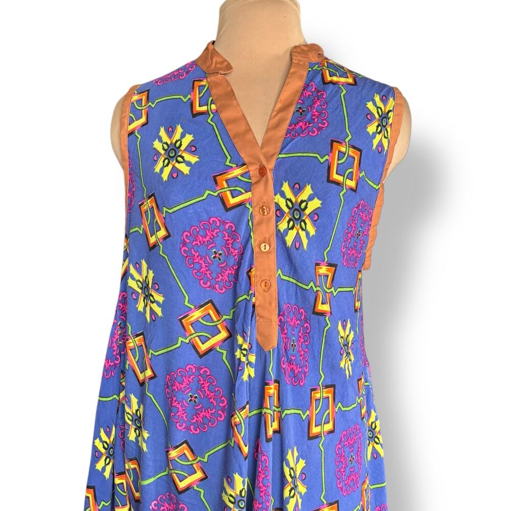 Vintage 90s Boho Dress Blue Multicolor Print Handkerchief Hem Mandarin Collar